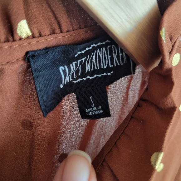 NWT SWEET WANDERER  Brown and Gold Polka Bohemian Dress - Picture 6 of 14